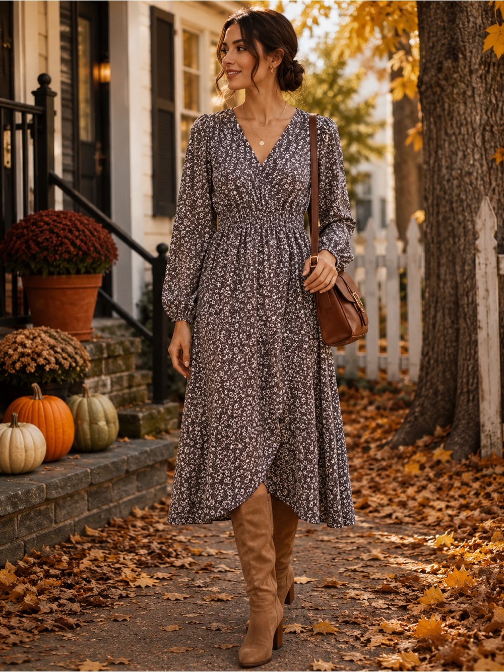 Pretty Little Garden Floral Midi Dress Brown Cream Long Sleeve Size L